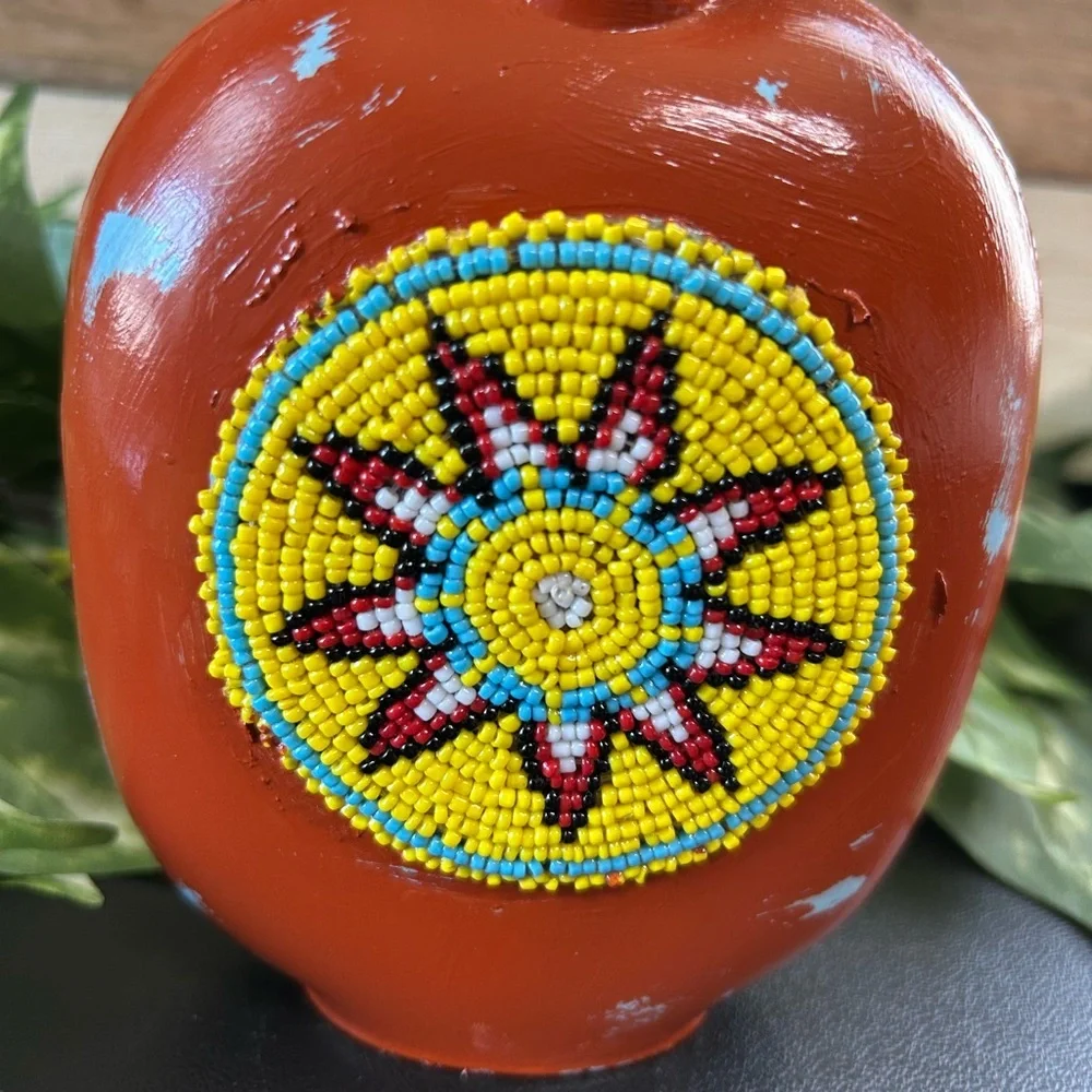 Upcycled‎ Native American Glass Beaded Jar Corked Distressed Shelf Sitter Decor